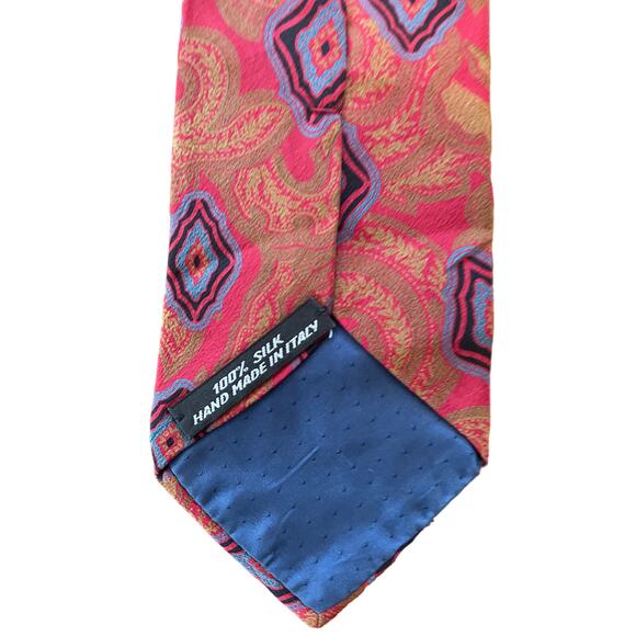 Errenno Neck Tie All Silk Handmade in Italy Milano Red Gold Geometric Pattern - Picture 4 of 6